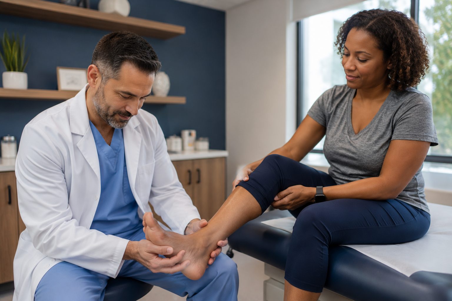 A North Penn Podiatry doctor examining a patient's foot and ankle during an office visit