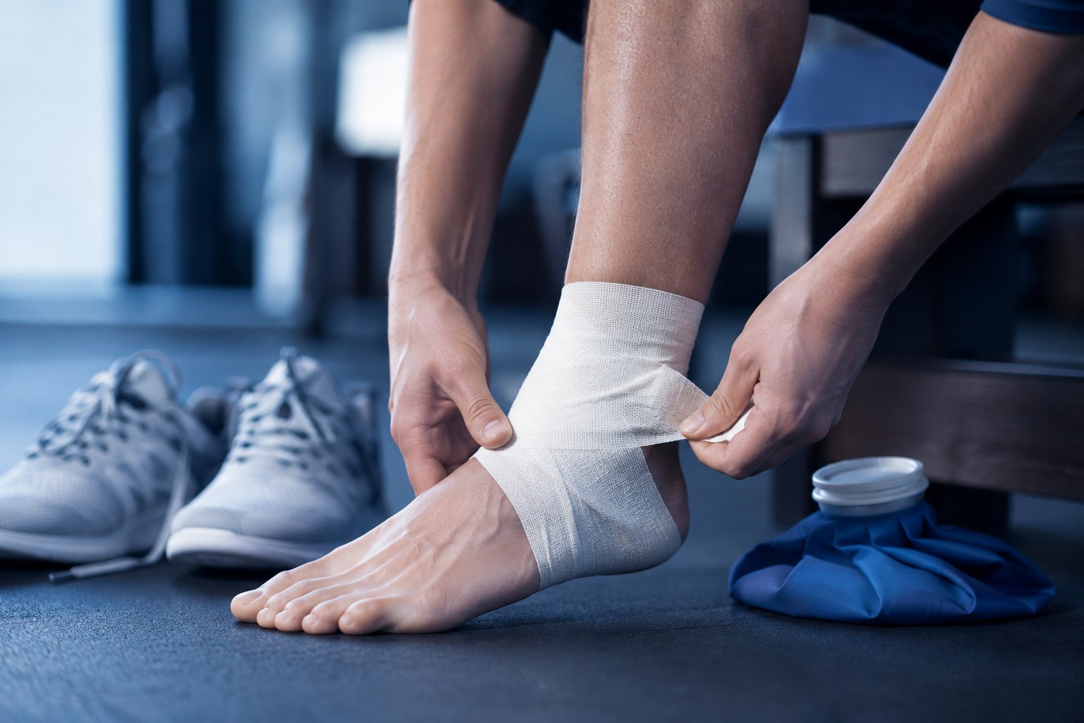 Person icing and supporting a swollen ankle, representing an ankle sprain