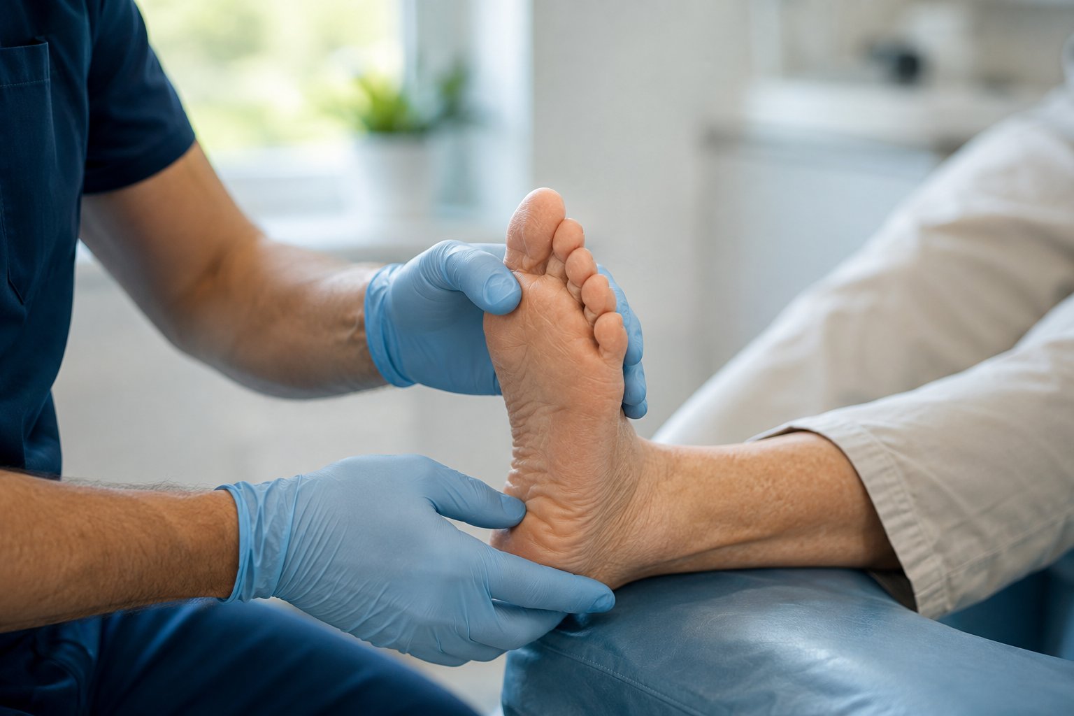 Diabetic patient's foot being gently examined by a podiatrist, representing daily diabetic foot care