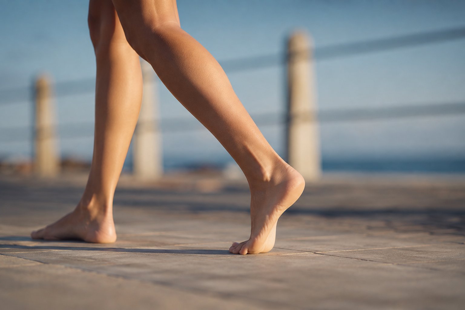 Close-up of a person's stride while walking, representing healthy gait mechanics