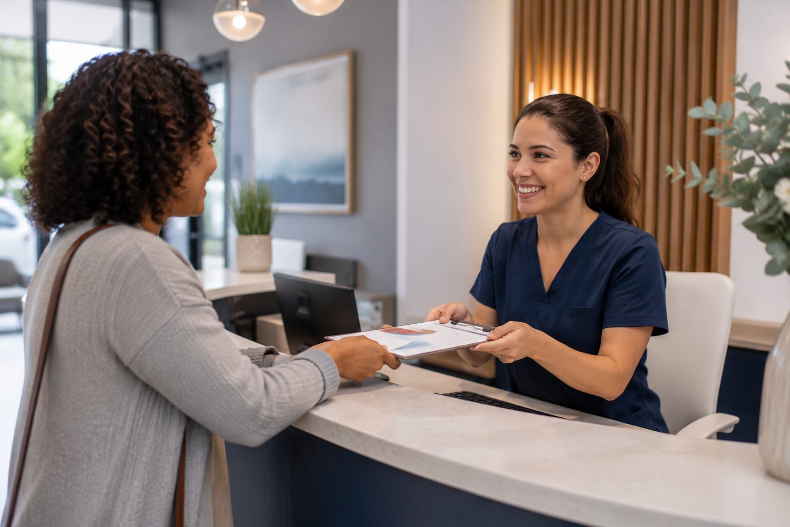 A North Penn Podiatry team member warmly checking in a new patient at the front desk
